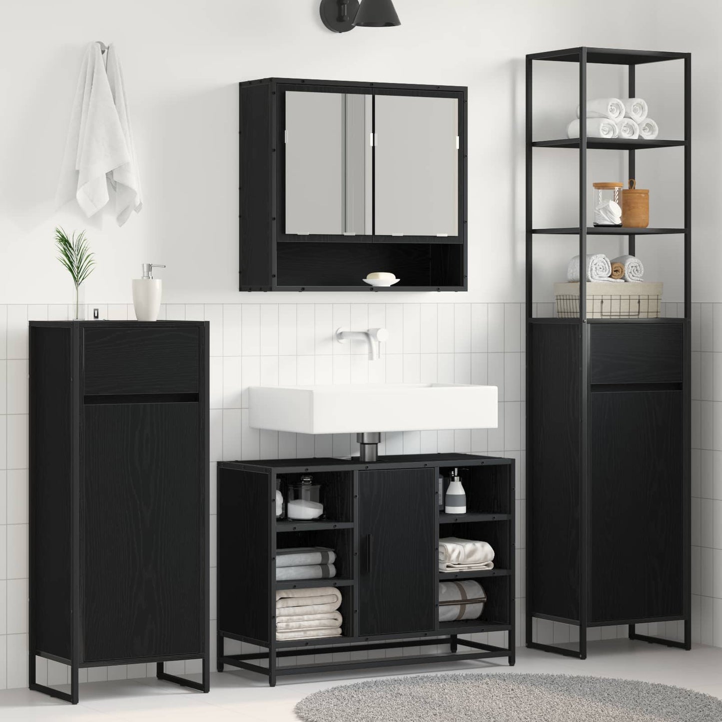 Badezimmerschrank Schwarz Eichen-Optik 40 x 30 x 180 cm