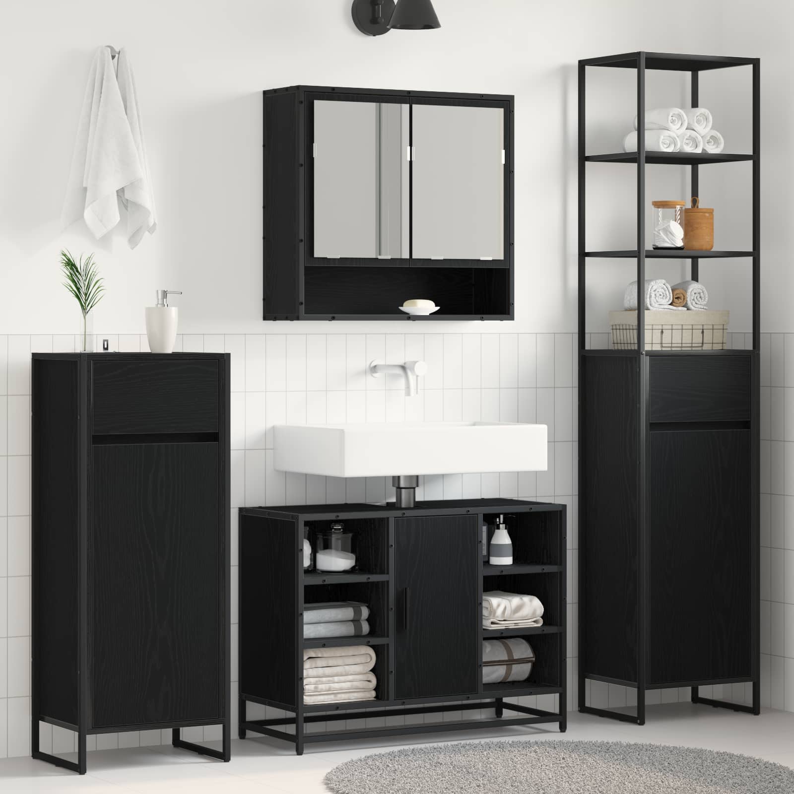 Badezimmerschrank Schwarz Eichen-Optik 40 x 30 x 180 cm