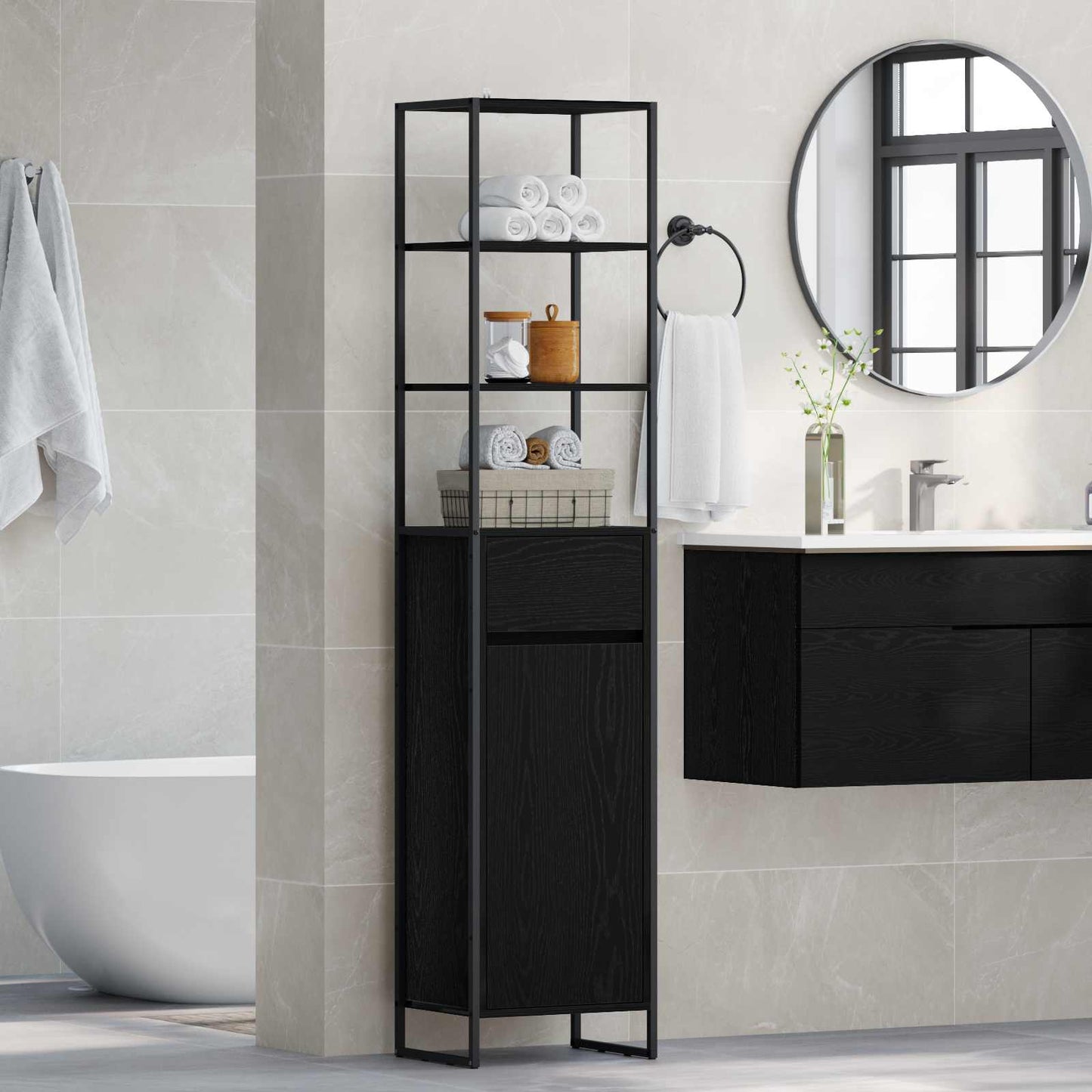 Badezimmerschrank Schwarz Eichen-Optik 40 x 30 x 180 cm