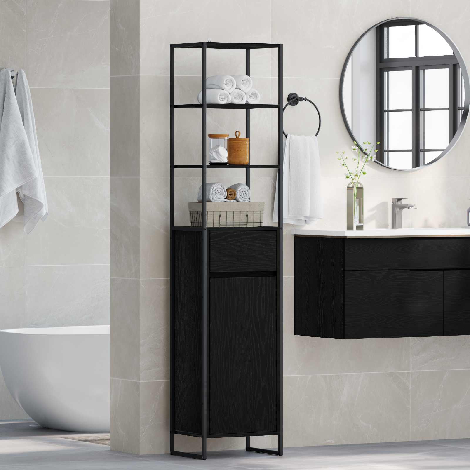 Badezimmerschrank Schwarz Eichen-Optik 40 x 30 x 180 cm