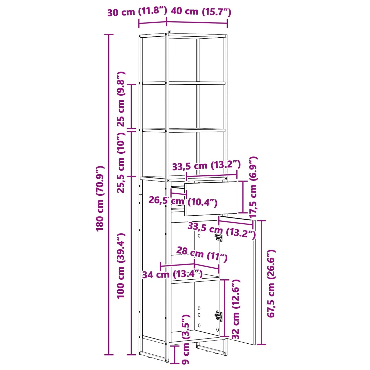 Badezimmerschrank Schwarz Eichen-Optik 40 x 30 x 180 cm