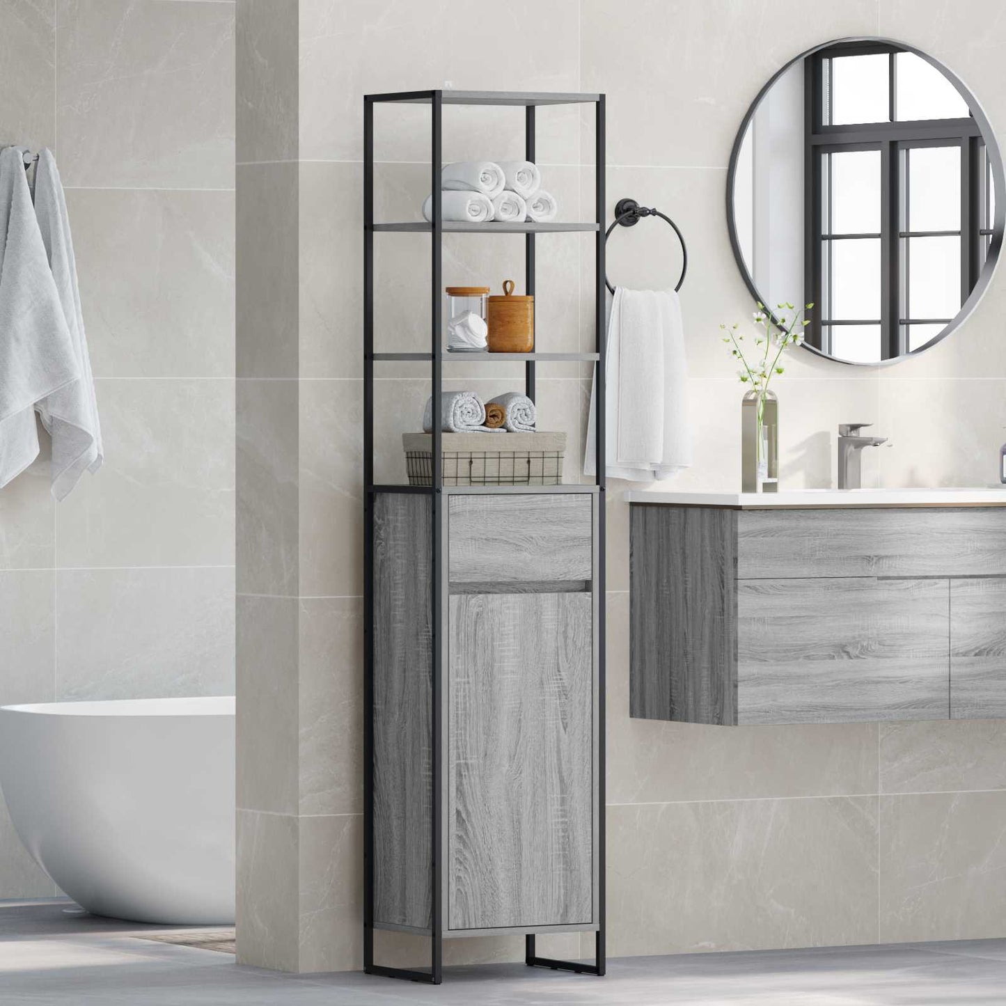 Badezimmerschrank Sonoma-Grau 40 x 30 x 180 cm Holzwerkstoff