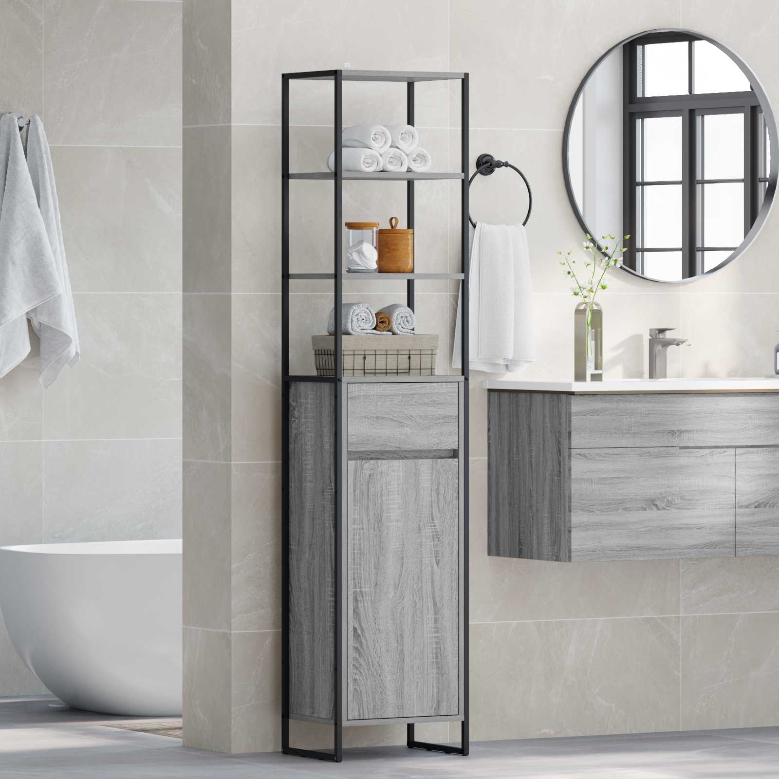Badezimmerschrank Sonoma-Grau 40 x 30 x 180 cm Holzwerkstoff