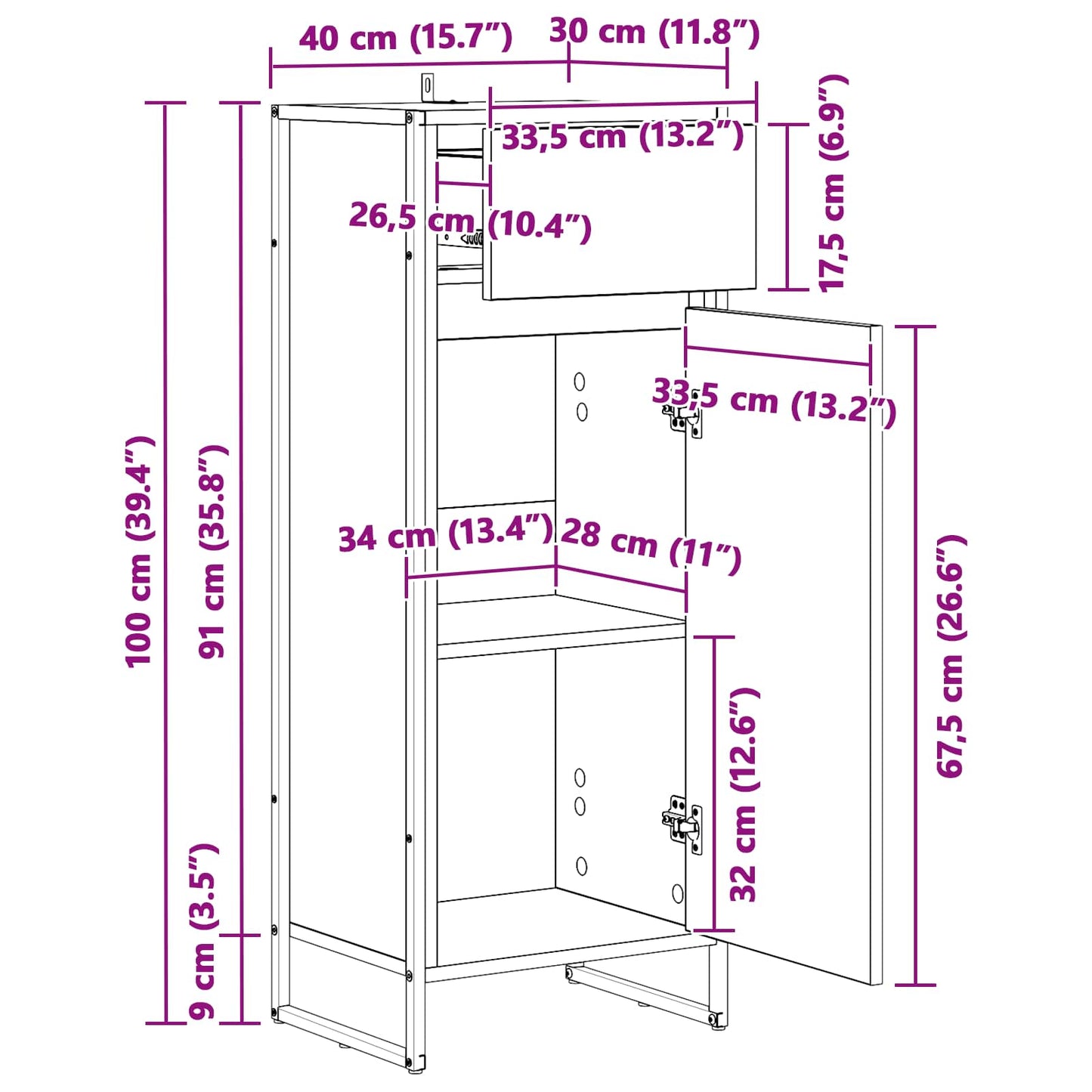 Badezimmerschrank Schwarz Eichen-Optik 40 x 30 x 100 cm