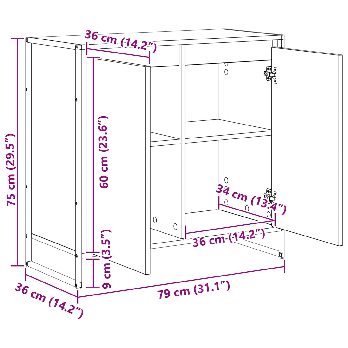 Seitenschrank Schwarz Eichen-Optik 79 x 36 x 75 cm