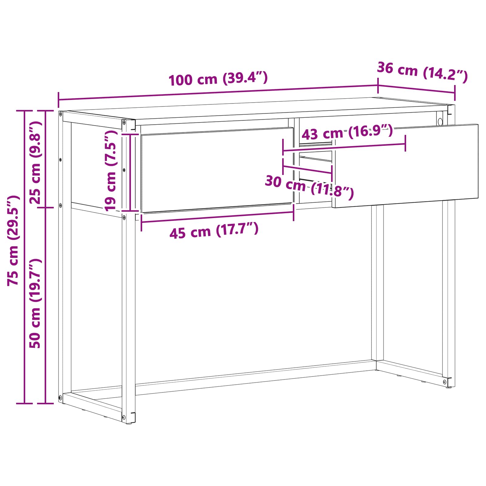 Beistelltisch Sonoma 100 x 36 x 75 cm Holzwerkstoff
