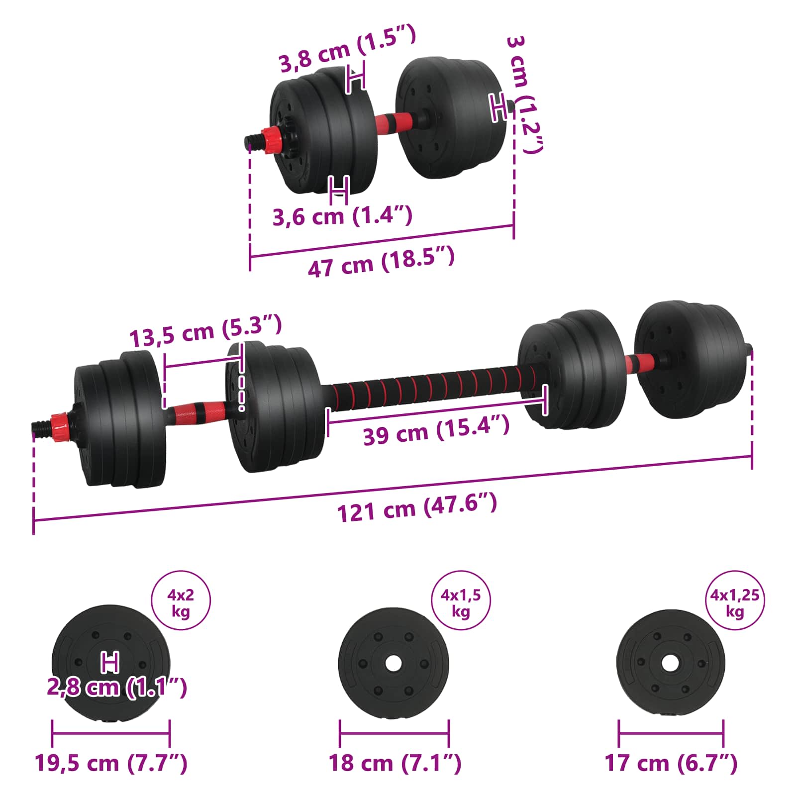 2-in-1 Kurzhantel Langhantel Set 20 kg Schwarz und Rot