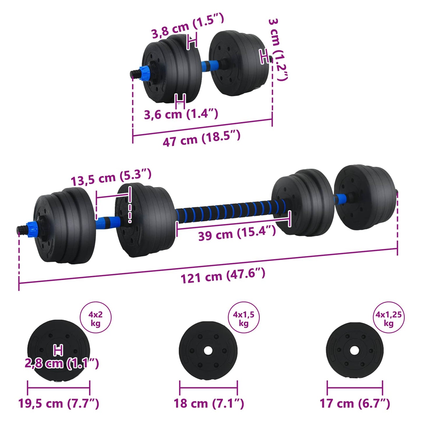 2-in-1 Kurzhantel Langhantel Set 20 kg Schwarz und Blau