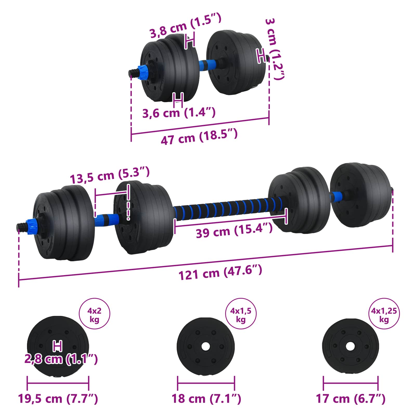 2-in-1 Kurzhantel Langhantel Set 20 kg Schwarz und Blau
