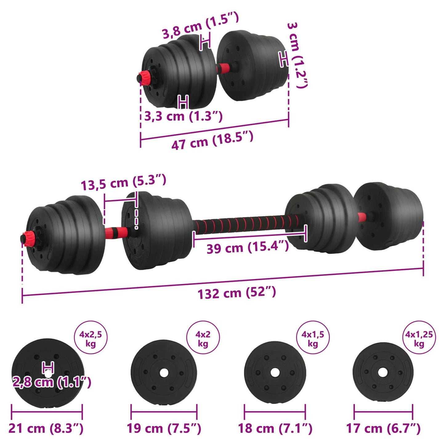 2-in-1 Kurzhantel Langhantel Set 30 kg Schwarz und Rot