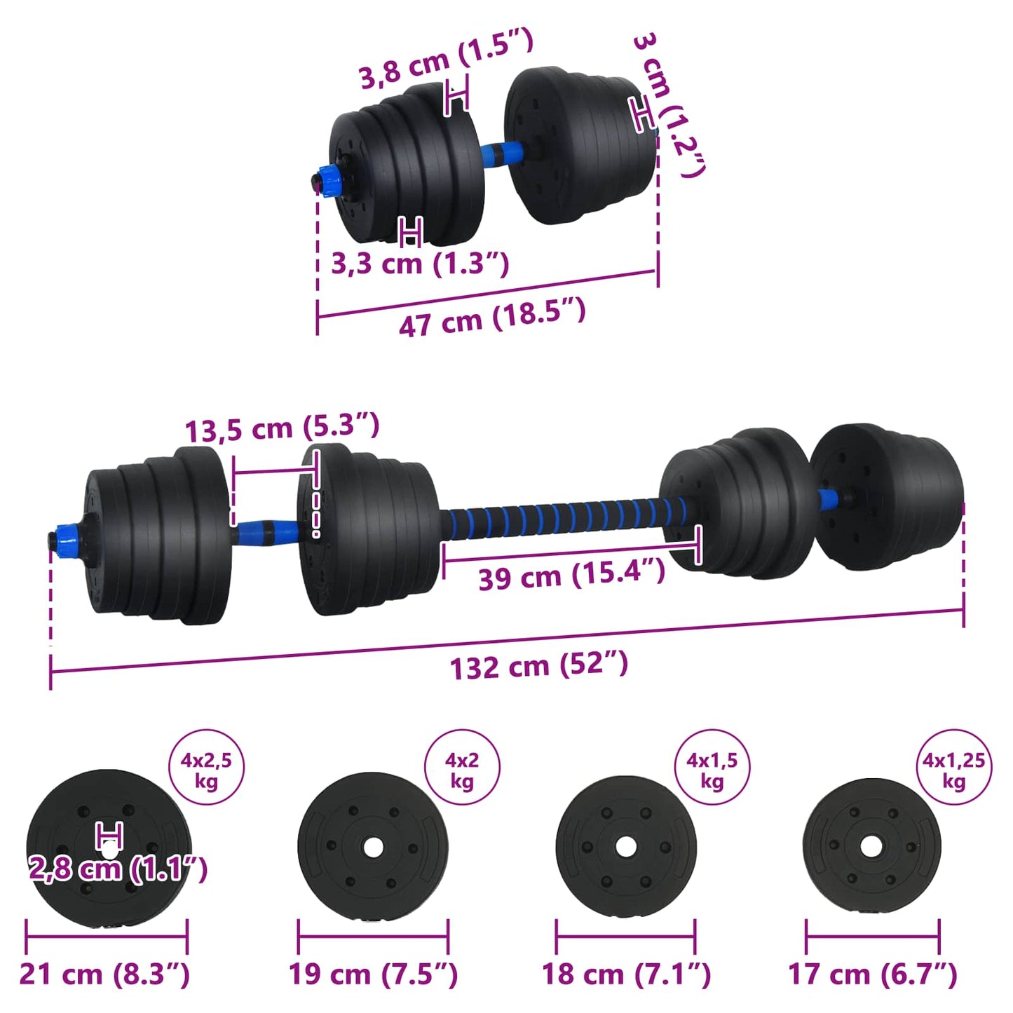 2-in-1 Kurzhantel Langhantel Set 30 kg Schwarz und Blau
