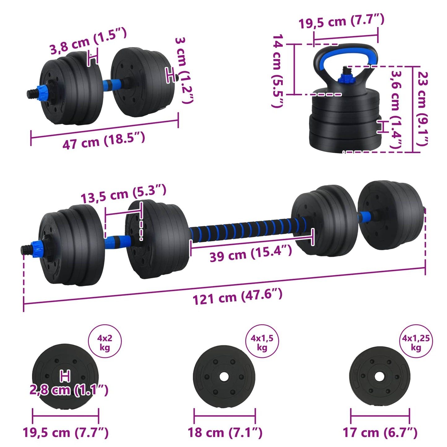 4-in-1 Kurzhantel, Langhantel und Kettlebell Set 20 kg