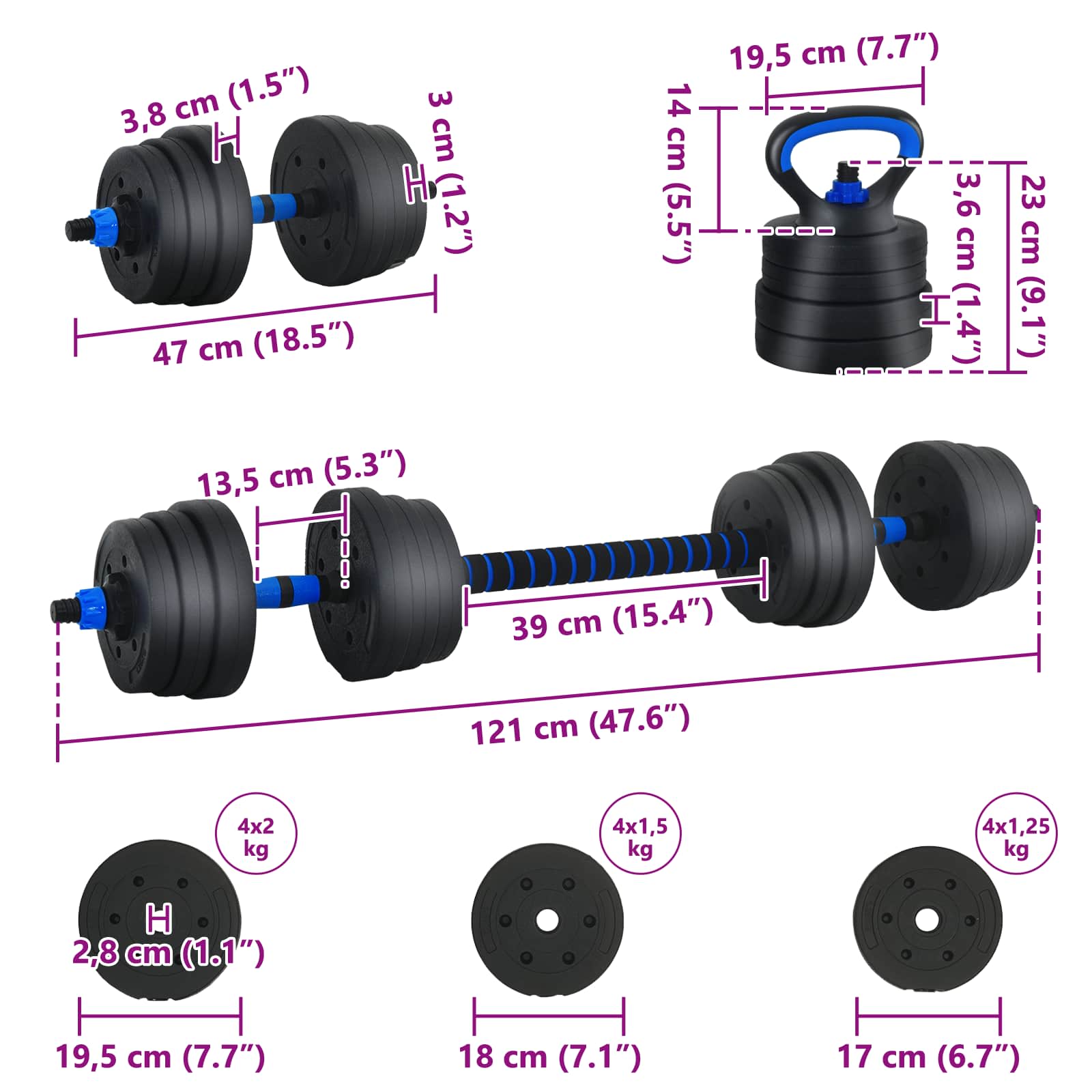 4-in-1 Kurzhantel, Langhantel und Kettlebell Set 20 kg