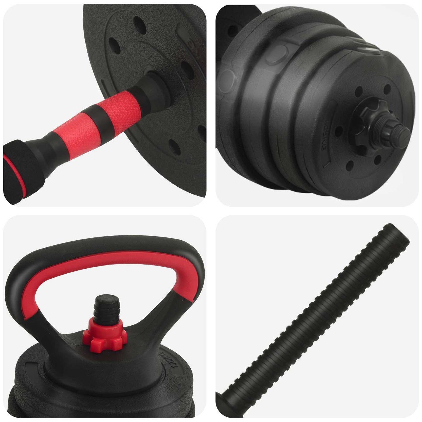 4-in-1 Kurzhantel, Langhantel und Kettlebell Set 30 kg