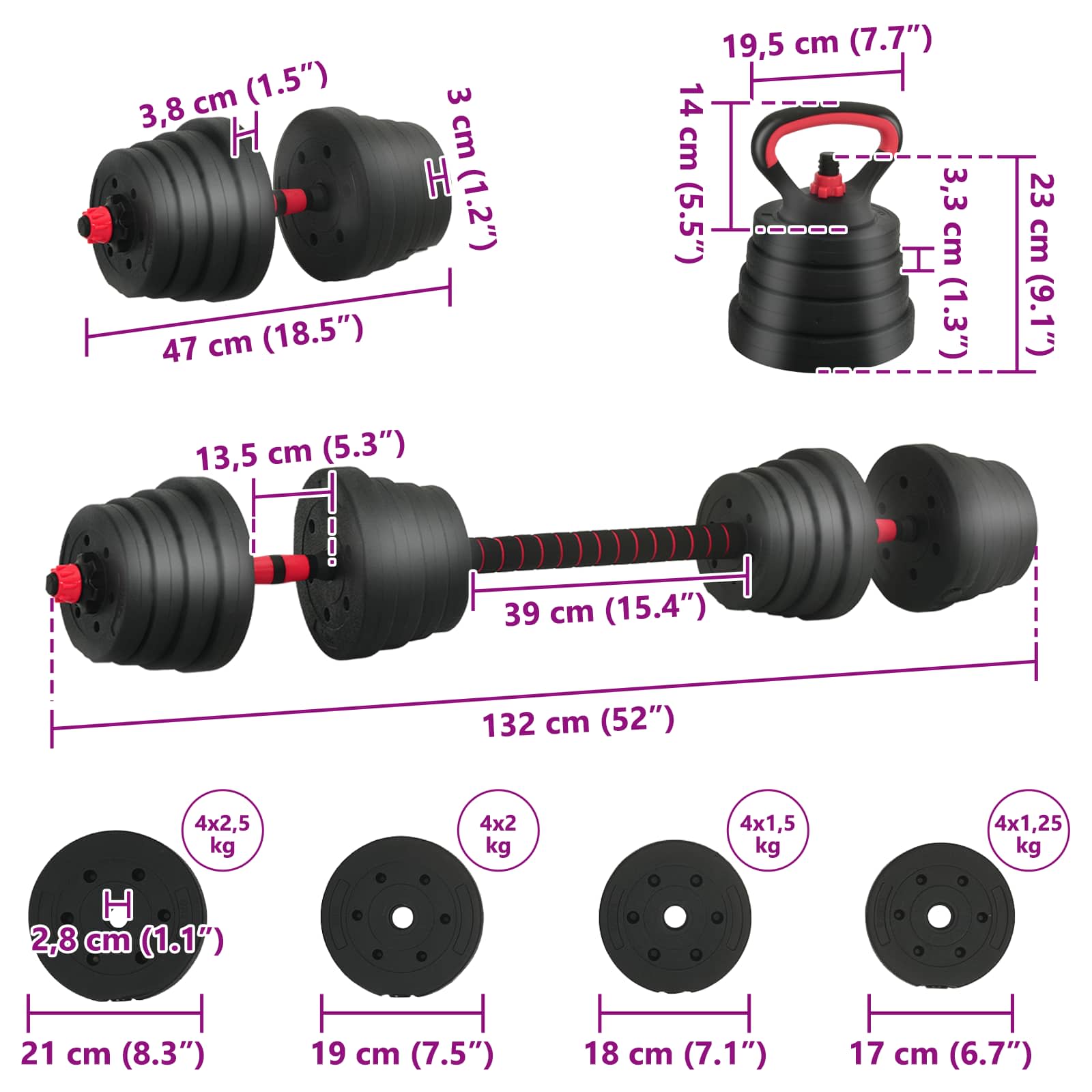 4-in-1 Kurzhantel, Langhantel und Kettlebell Set 30 kg