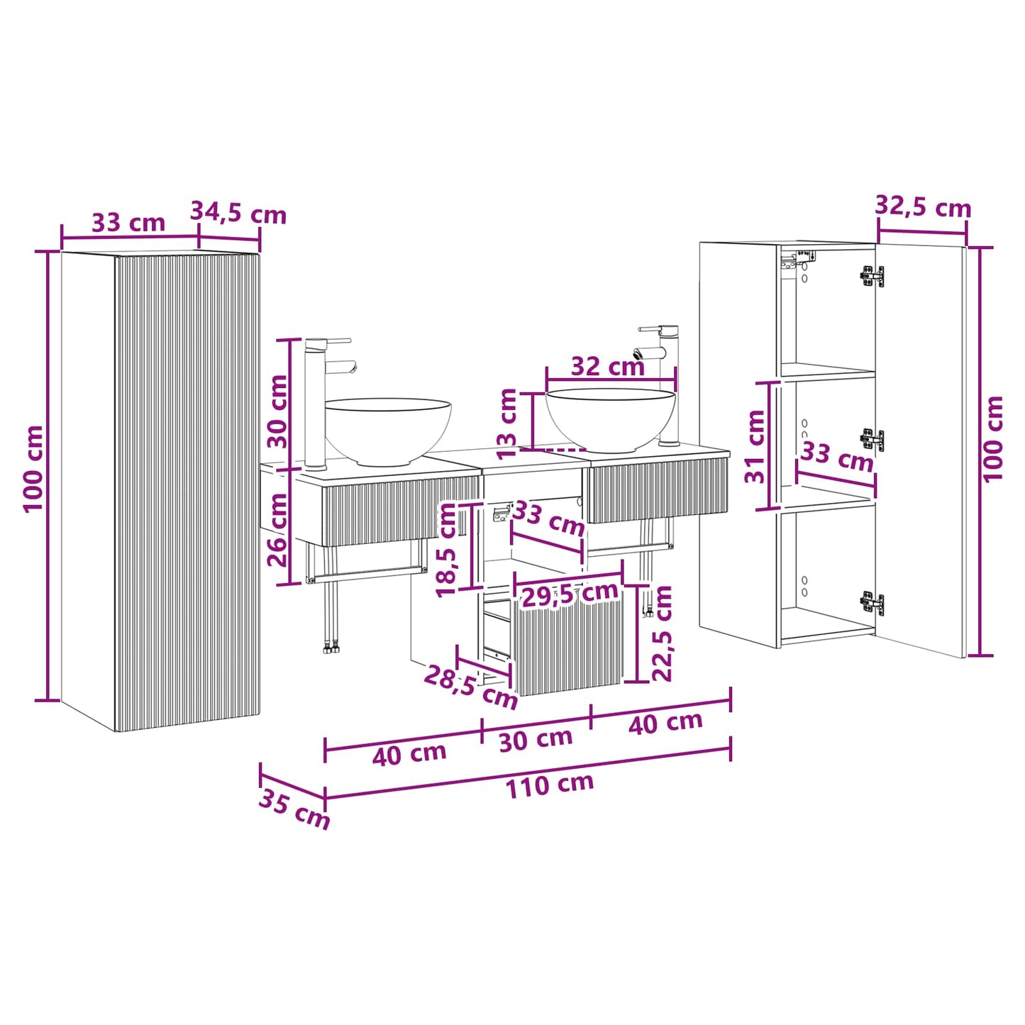 Badezimmermöbel-Set 5 stk. Weiß 33 x 34,5 x 100 cm