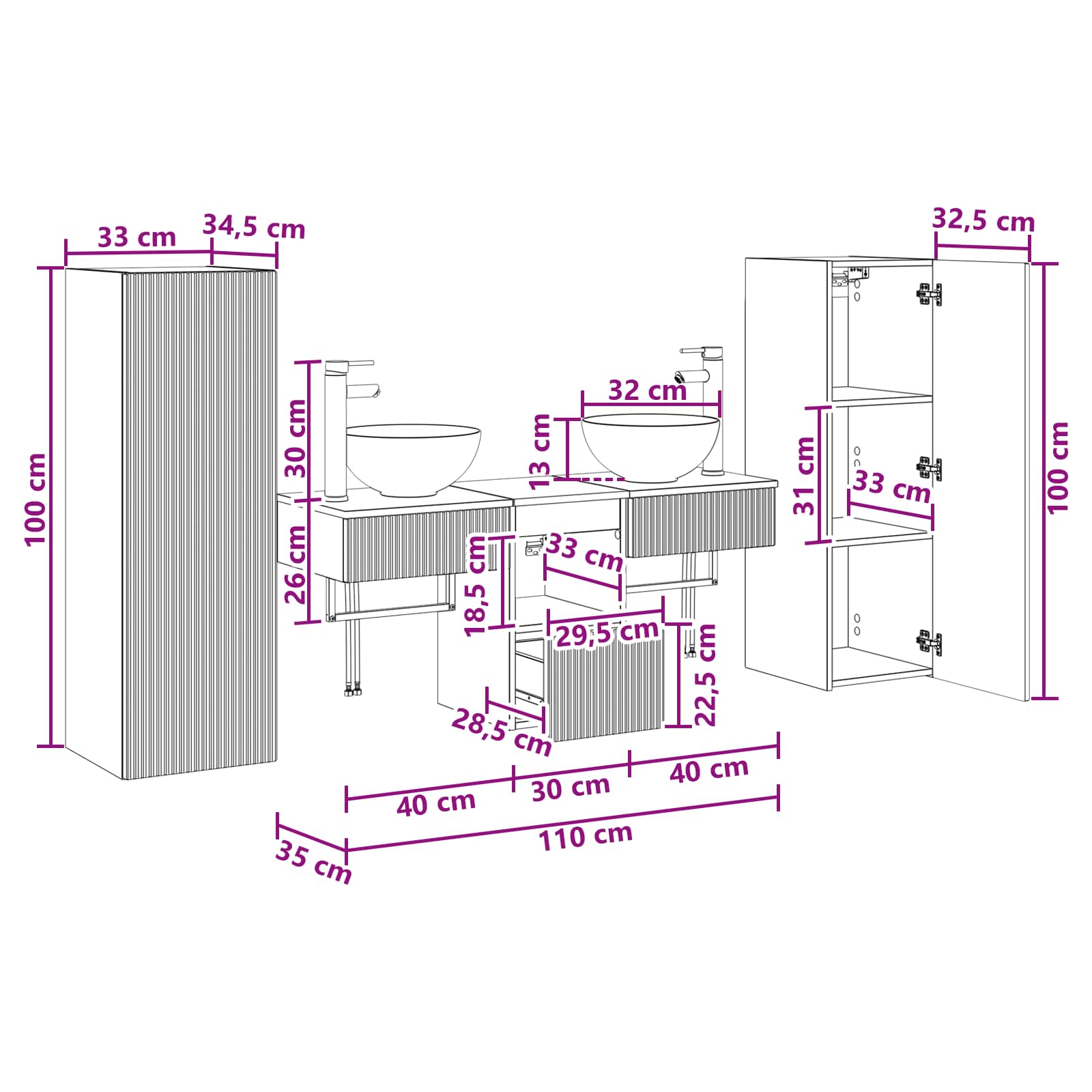 Badezimmermöbel-Set 5 stk. Weiß 33 x 34,5 x 100 cm