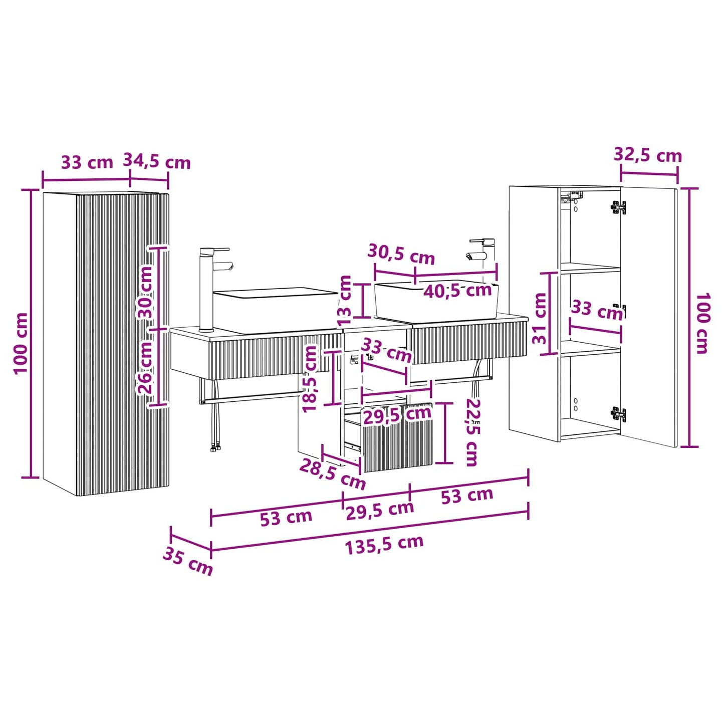 Badezimmermöbel-Set 5 stk. Weiß 33 x 34,5 x 100 cm