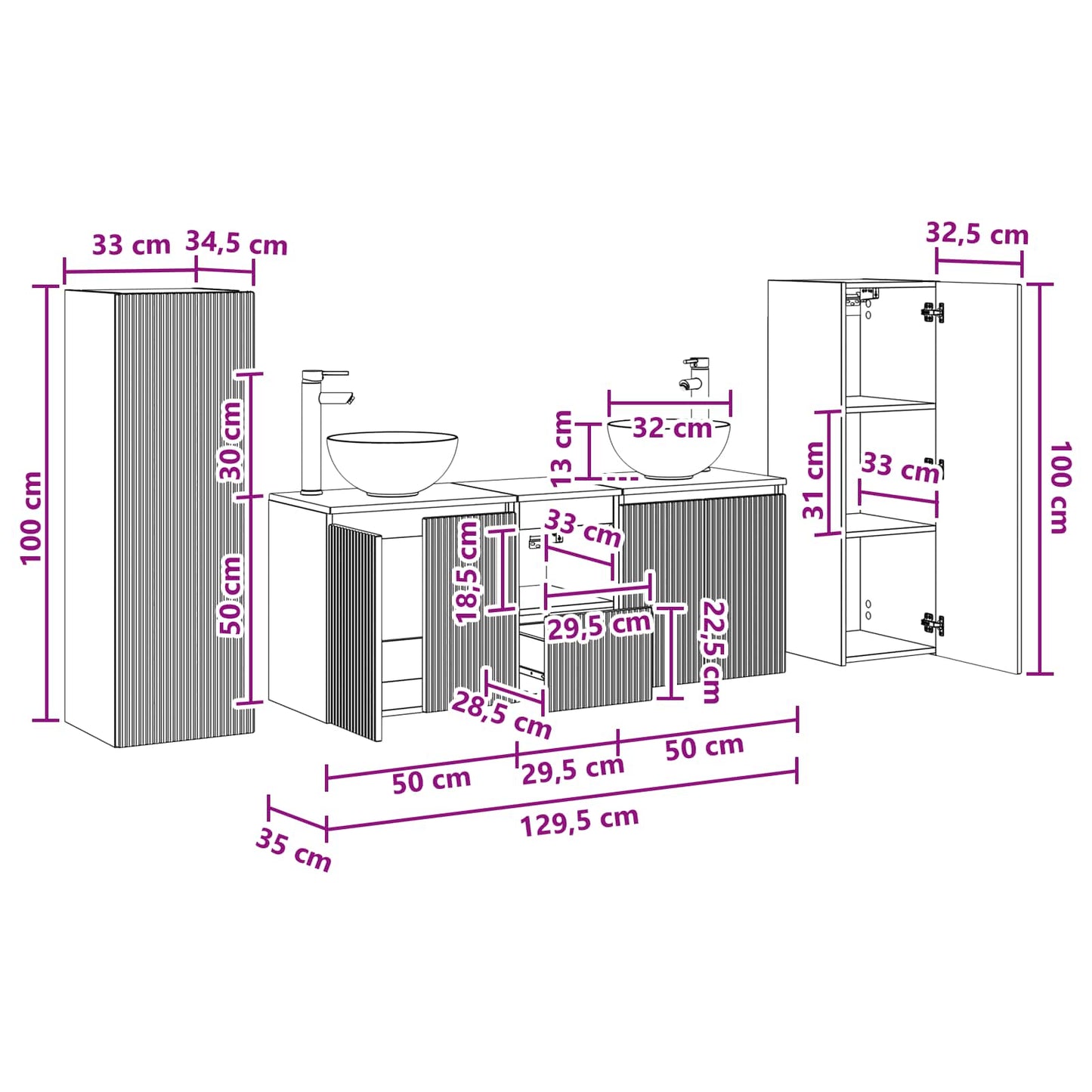 Badezimmermöbel-Set 5 stk. Weiß 33 x 34,5 x 100 cm