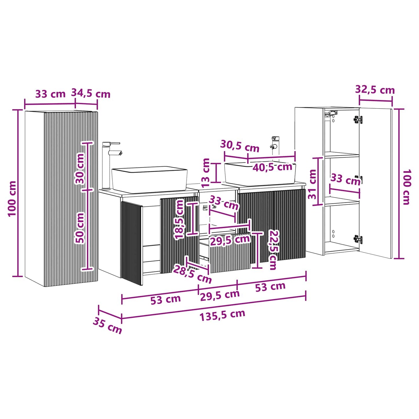 Badezimmermöbel-Set 5 stk. Weiß 33 x 34,5 x 100 cm