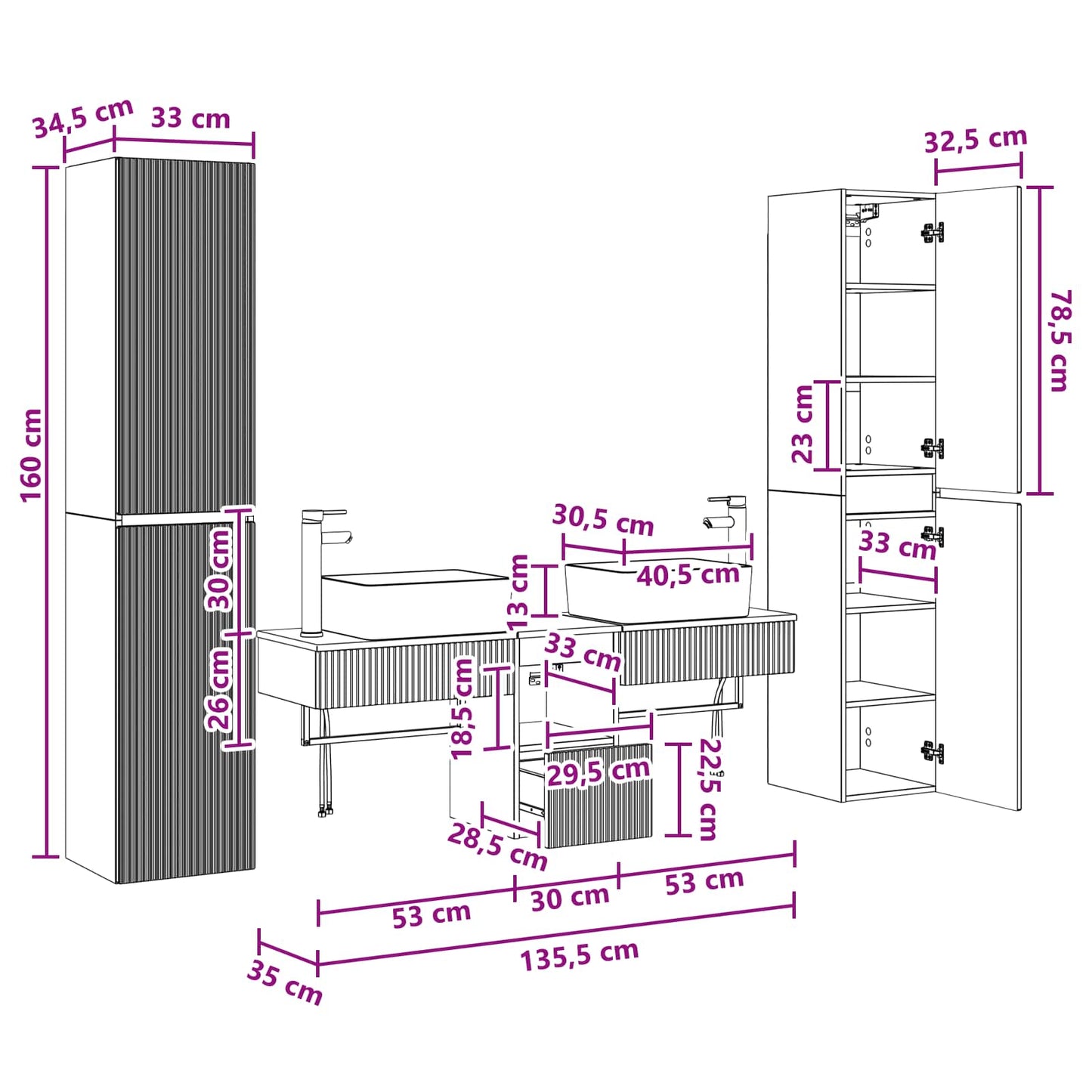 Badezimmermöbel-Set 5 stk. Weiß 33 x 34,5 x 160 cm