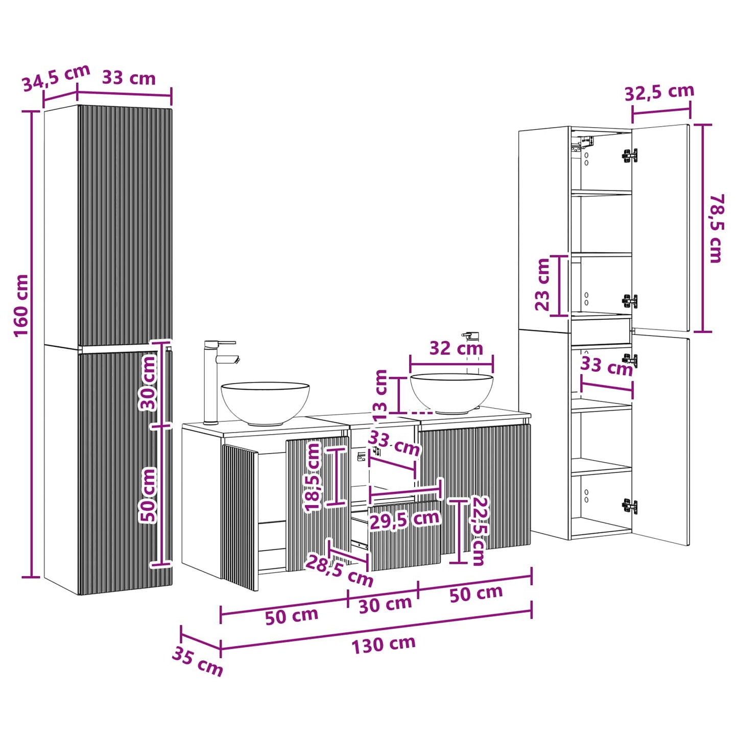 Badezimmermöbel-Set 5 stk. Weiß 33 x 34,5 x 160 cm
