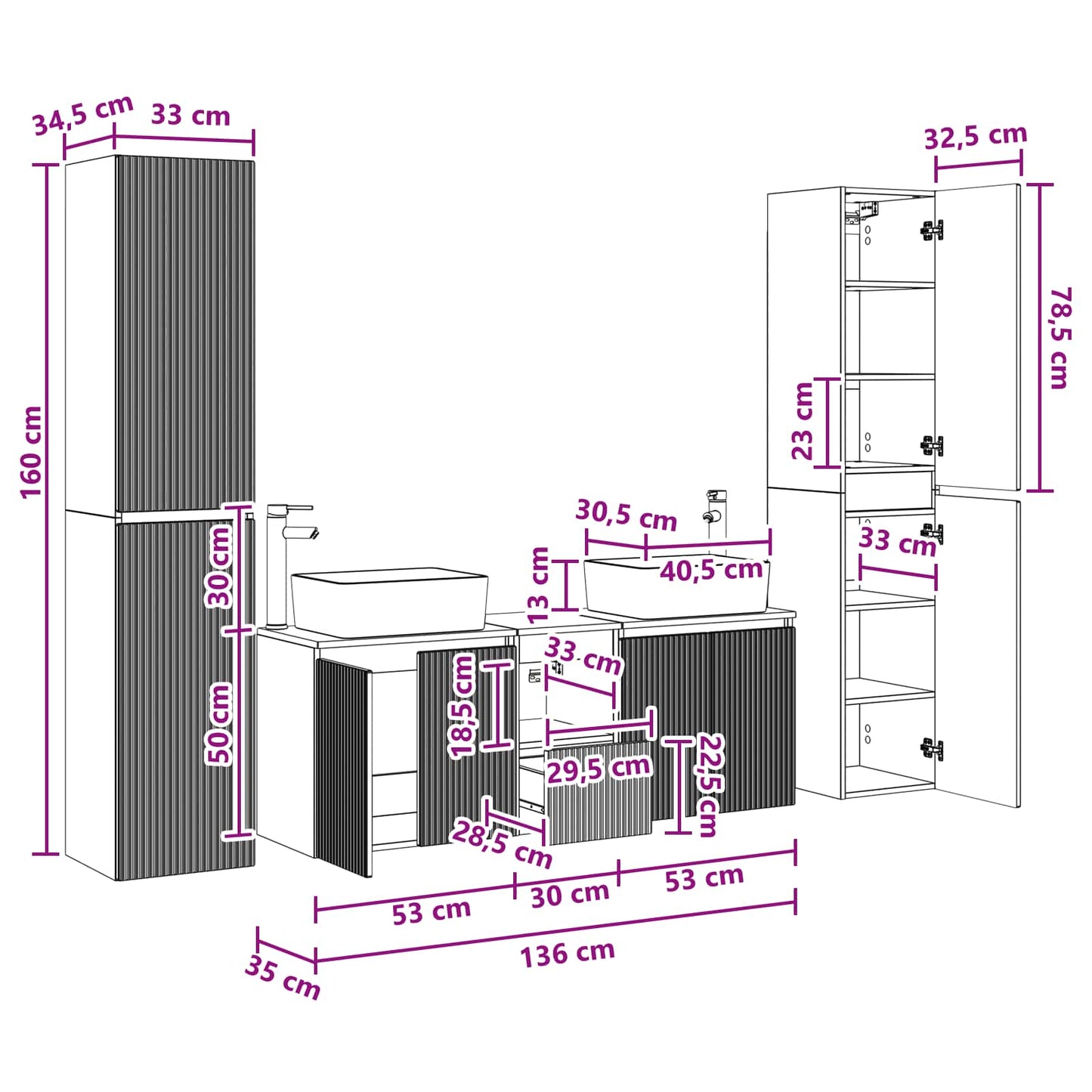 Badezimmermöbel-Set 5 stk. Weiß 33 x 34,5 x 160 cm