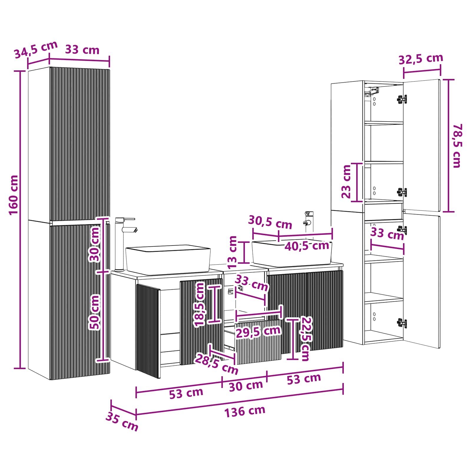 Badezimmermöbel-Set 5 stk. Weiß 33 x 34,5 x 160 cm