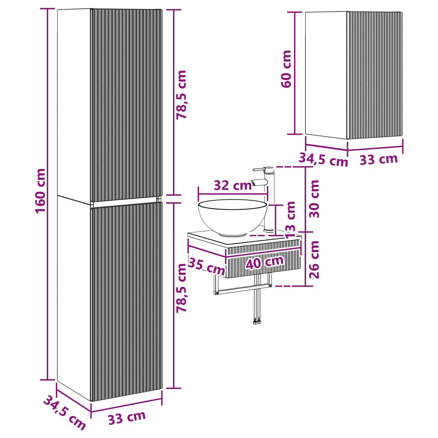 Badezimmermöbel-Set 3 stk. Weiß 33 x 34,5 x 160 cm