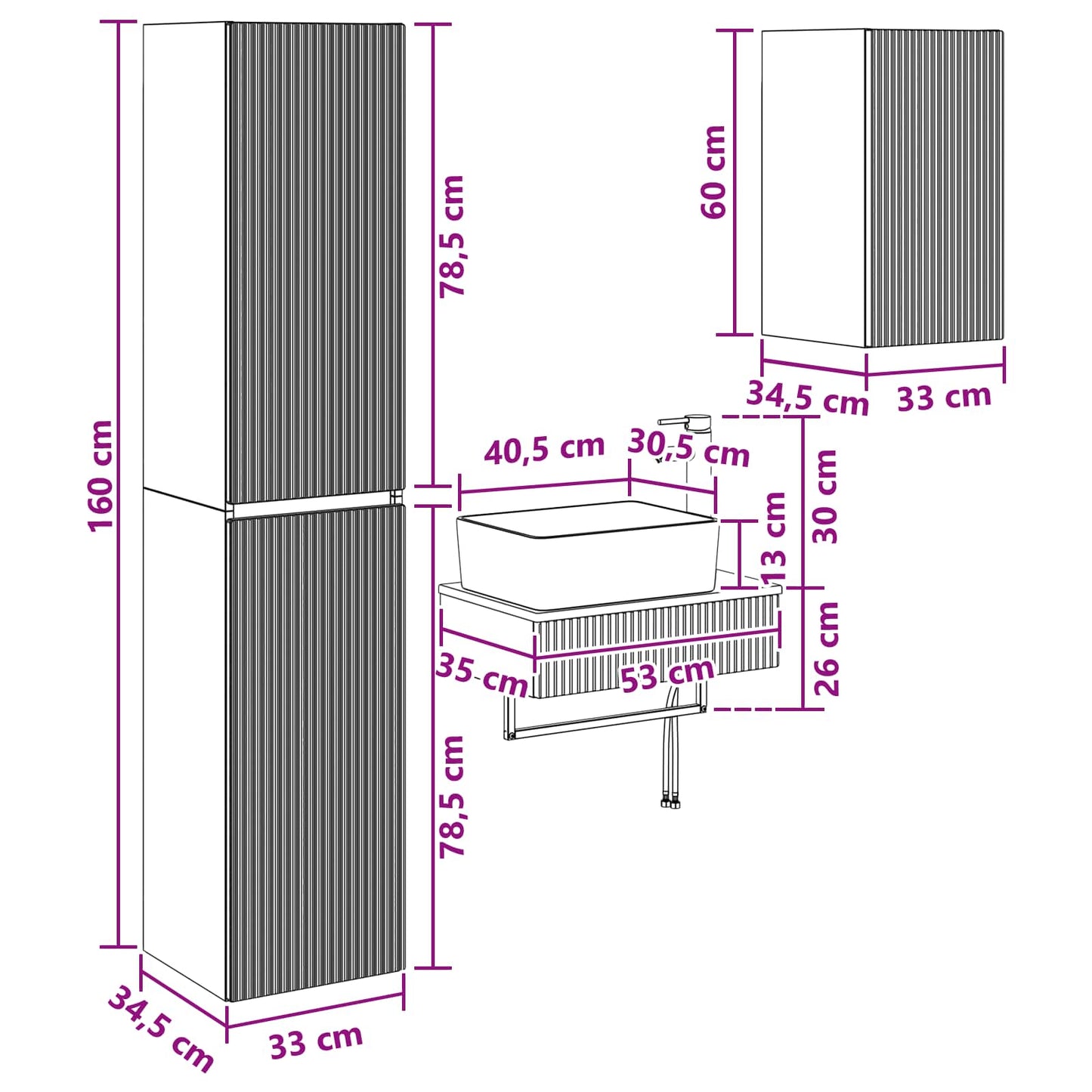 Badezimmermöbel-Set 3 stk. Betongrau 33 x 34,5 x 160 cm