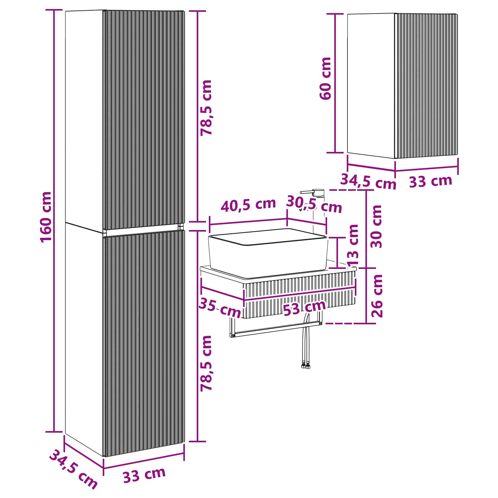 Badezimmermöbel-Set 3 stk. Grau Sonoma 33 x 34,5 x 160 cm