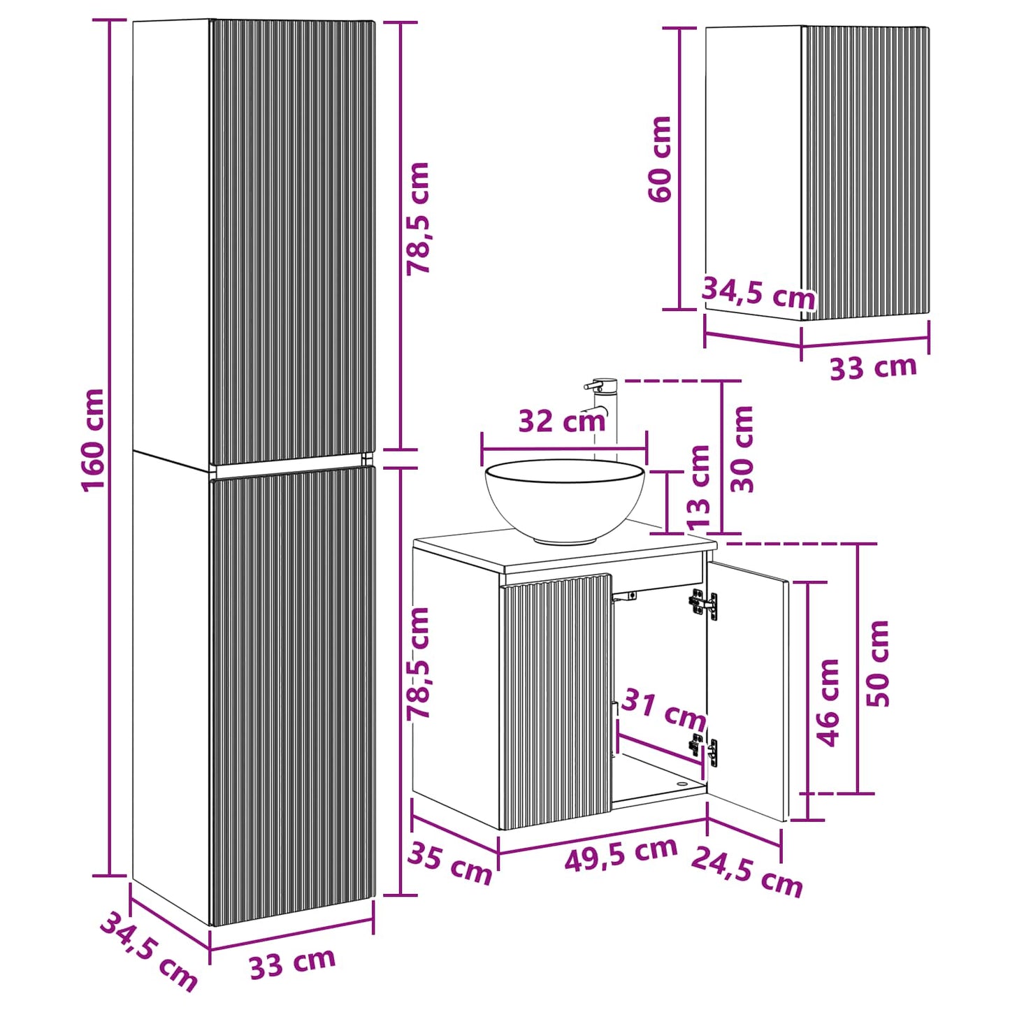 Badezimmermöbel-Set 3 stk. Weiß 33 x 34,5 x 160 cm