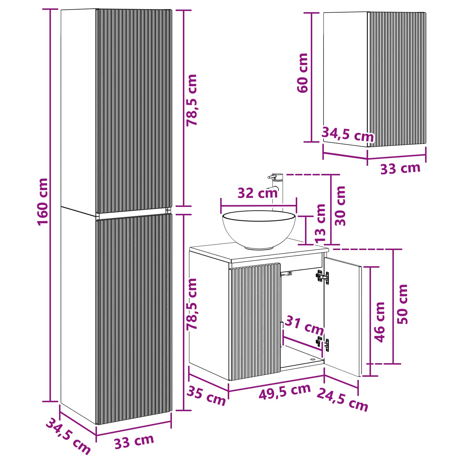 Badezimmermöbel-Set 3 stk. Altholz 33 x 34,5 x 160 cm