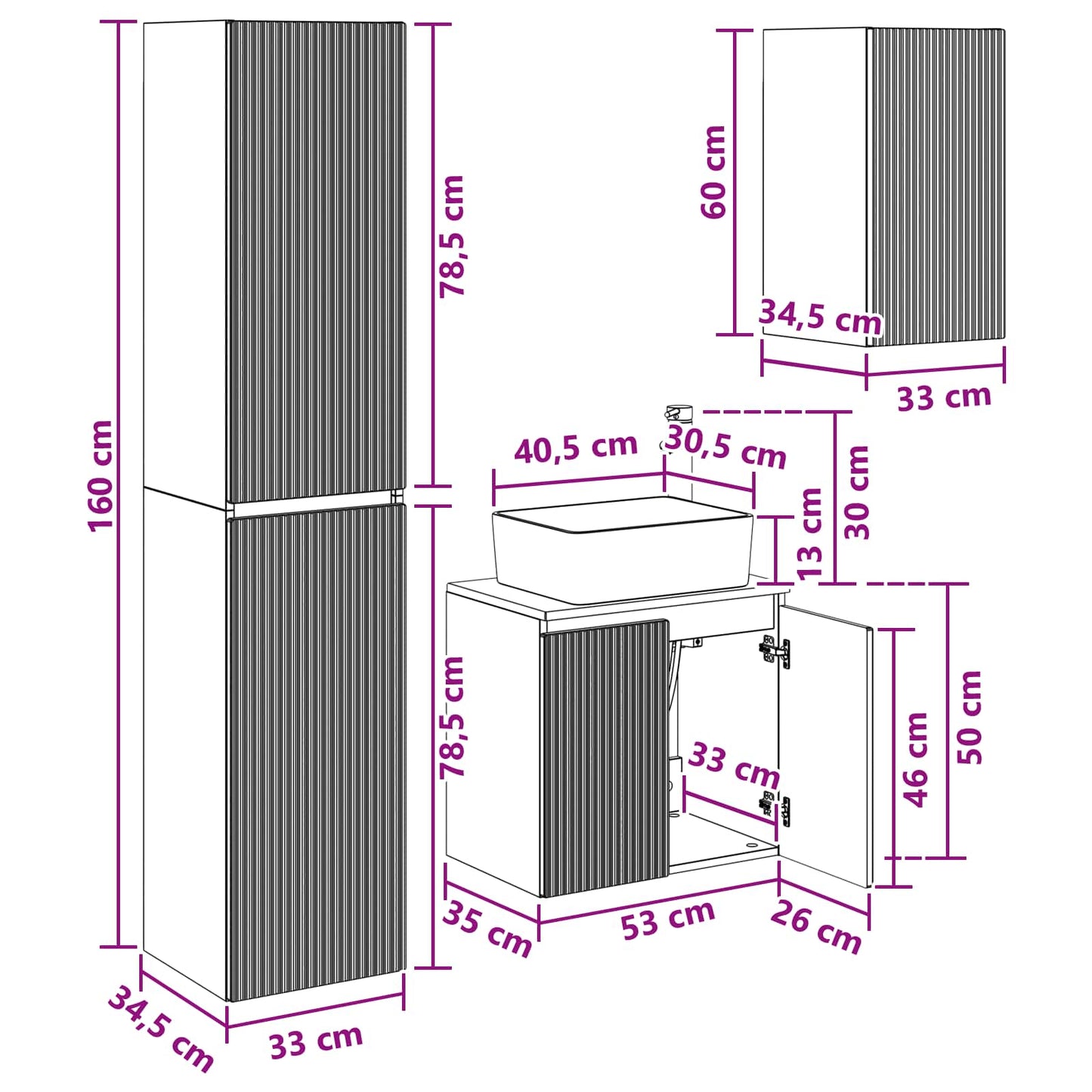 Badezimmermöbel-Set 3 stk. Grau Sonoma 33 x 34,5 x 160 cm