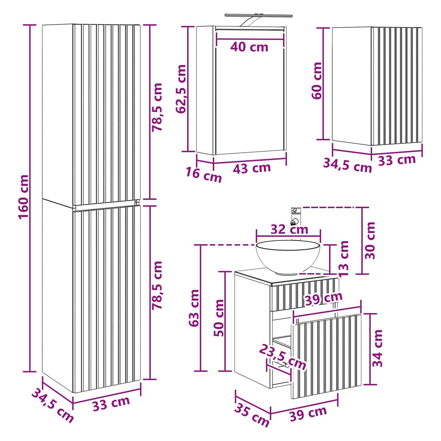 Badezimmermöbel-Set 3 stk. Weiß 33 x 34,5 x 160 cm