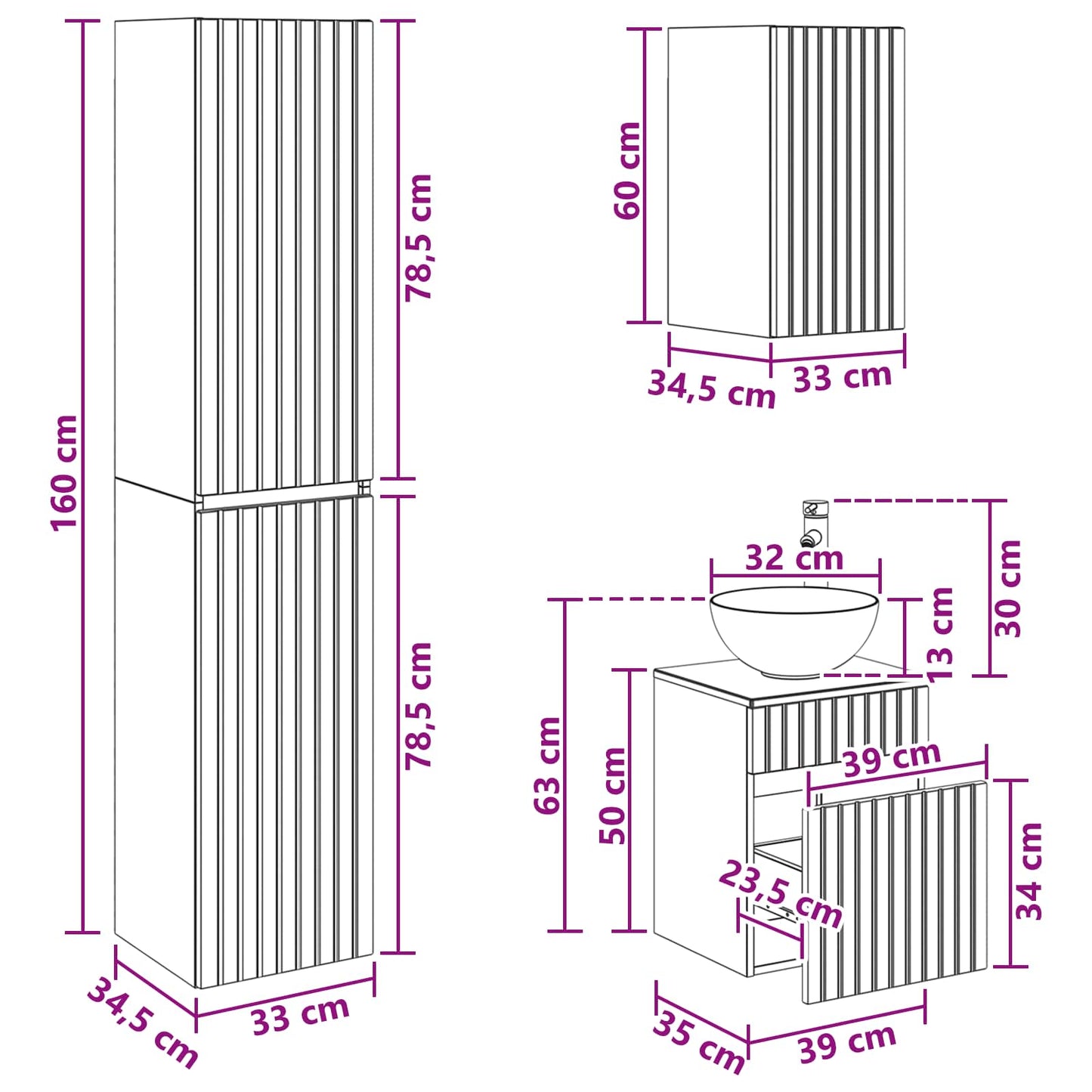 Badezimmermöbel-Set 3 stk. Sonoma-Eiche 33 x 34,5 x 160 cm