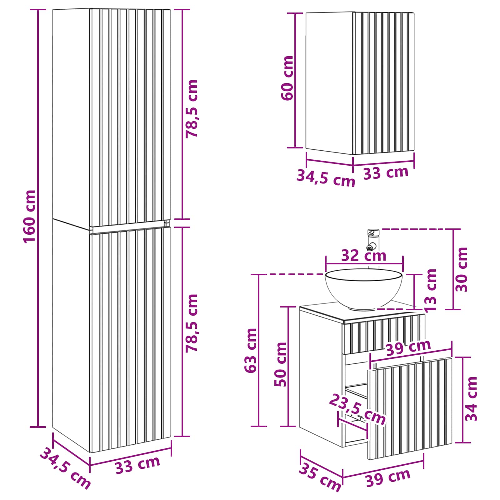 Badezimmermöbel-Set 3 stk. Sonoma-Eiche 33 x 34,5 x 160 cm