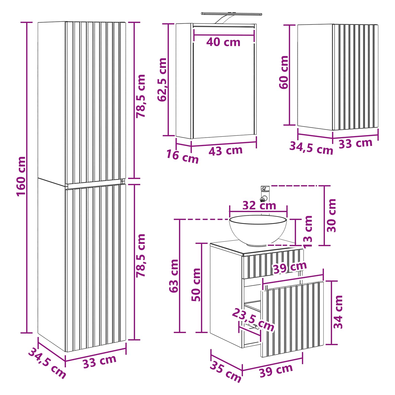 Badezimmermöbel-Set 3 stk. Betongrau 33 x 34,5 x 160 cm