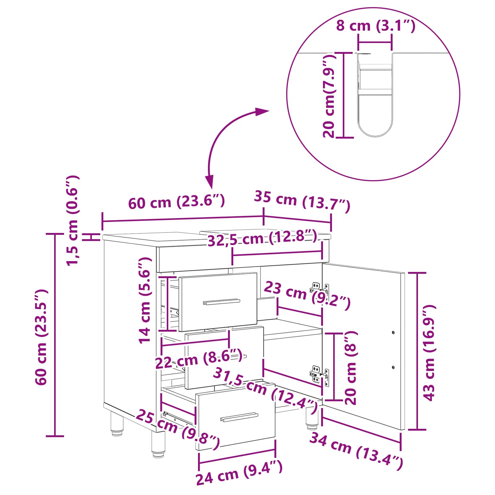 Waschtisch Sonoma-Grau 60 x 35 x 60 cm Holzwerkstoff