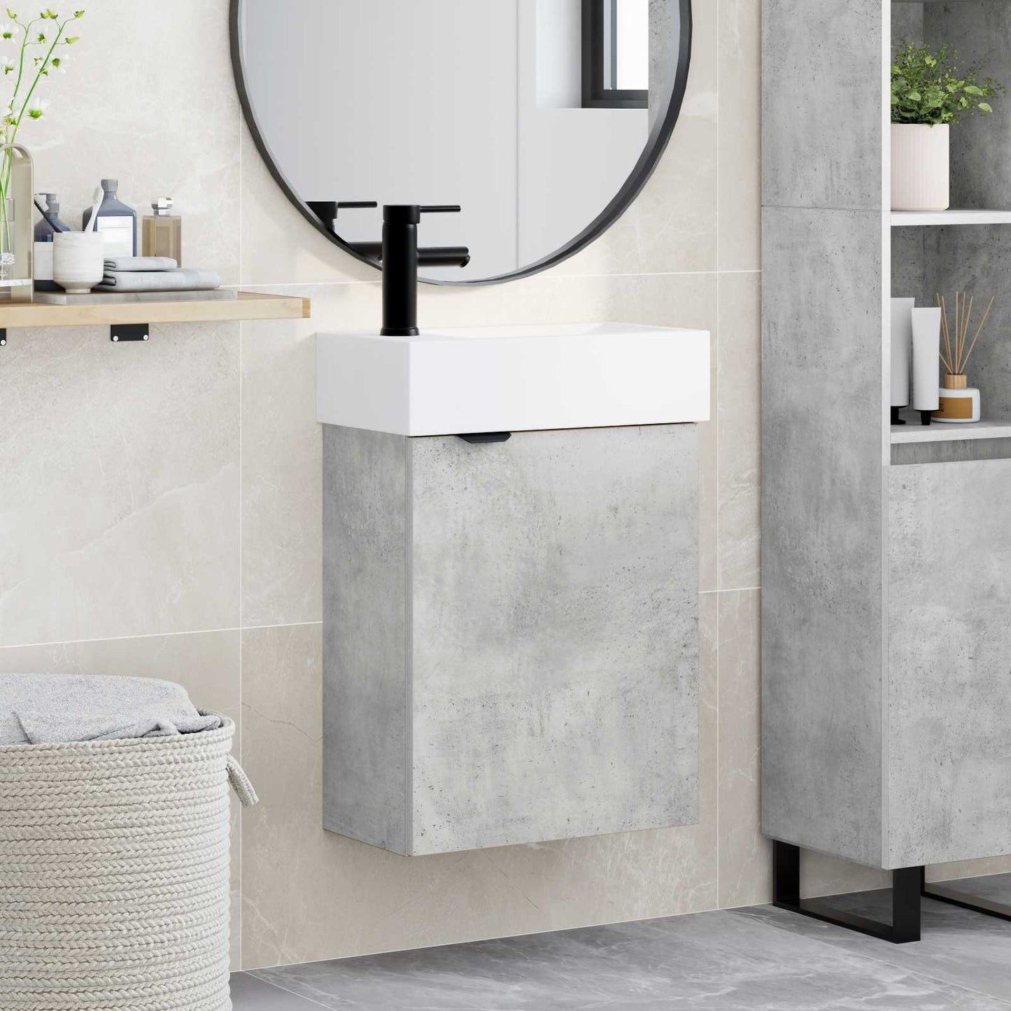 Badezimmer Waschtischunterschrank mit Wasserhahn Betongrau