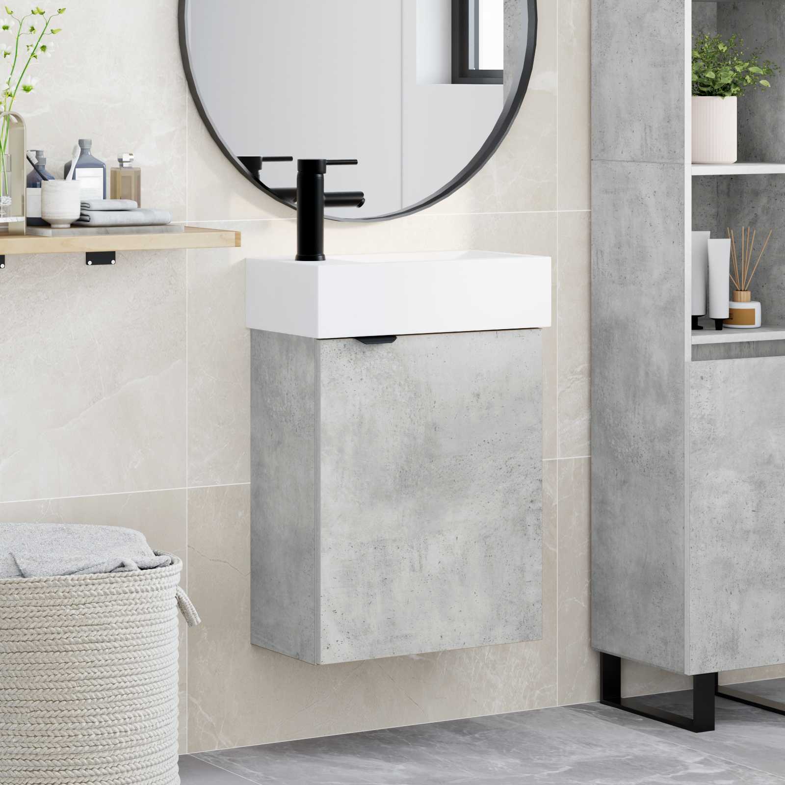 Badezimmer Waschtischunterschrank mit Wasserhahn Betongrau