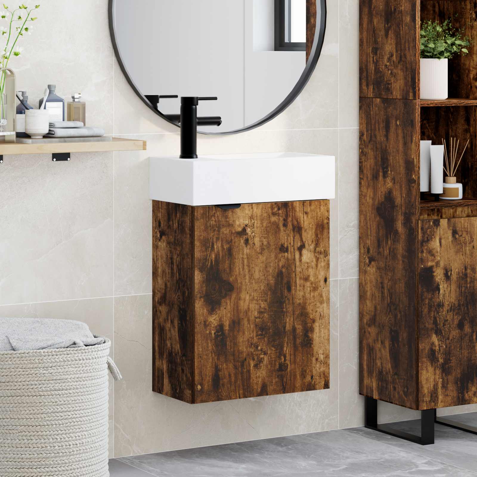 Badezimmer Waschtischunterschrank mit Wasserhahn Räuchereiche