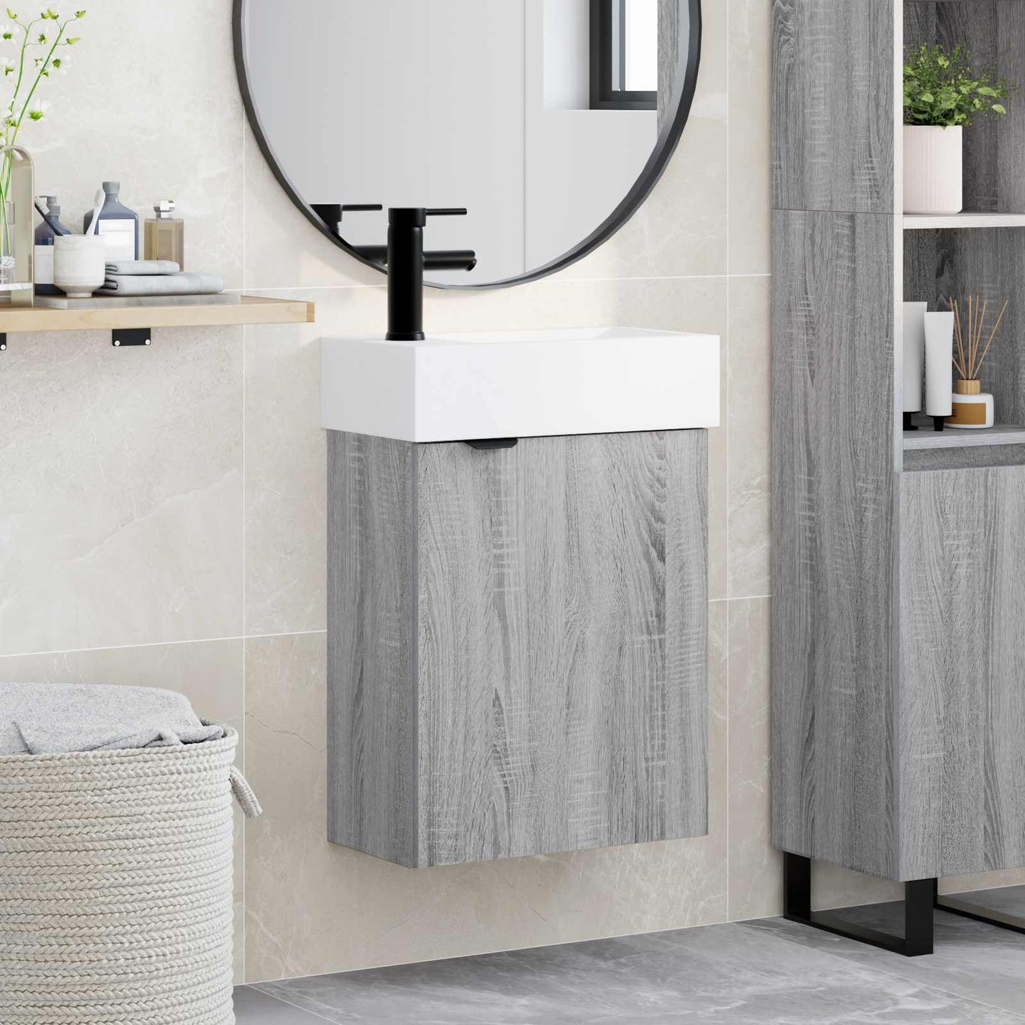 Badezimmer Waschtischunterschrank mit Wasserhahn Sonoma-Grau