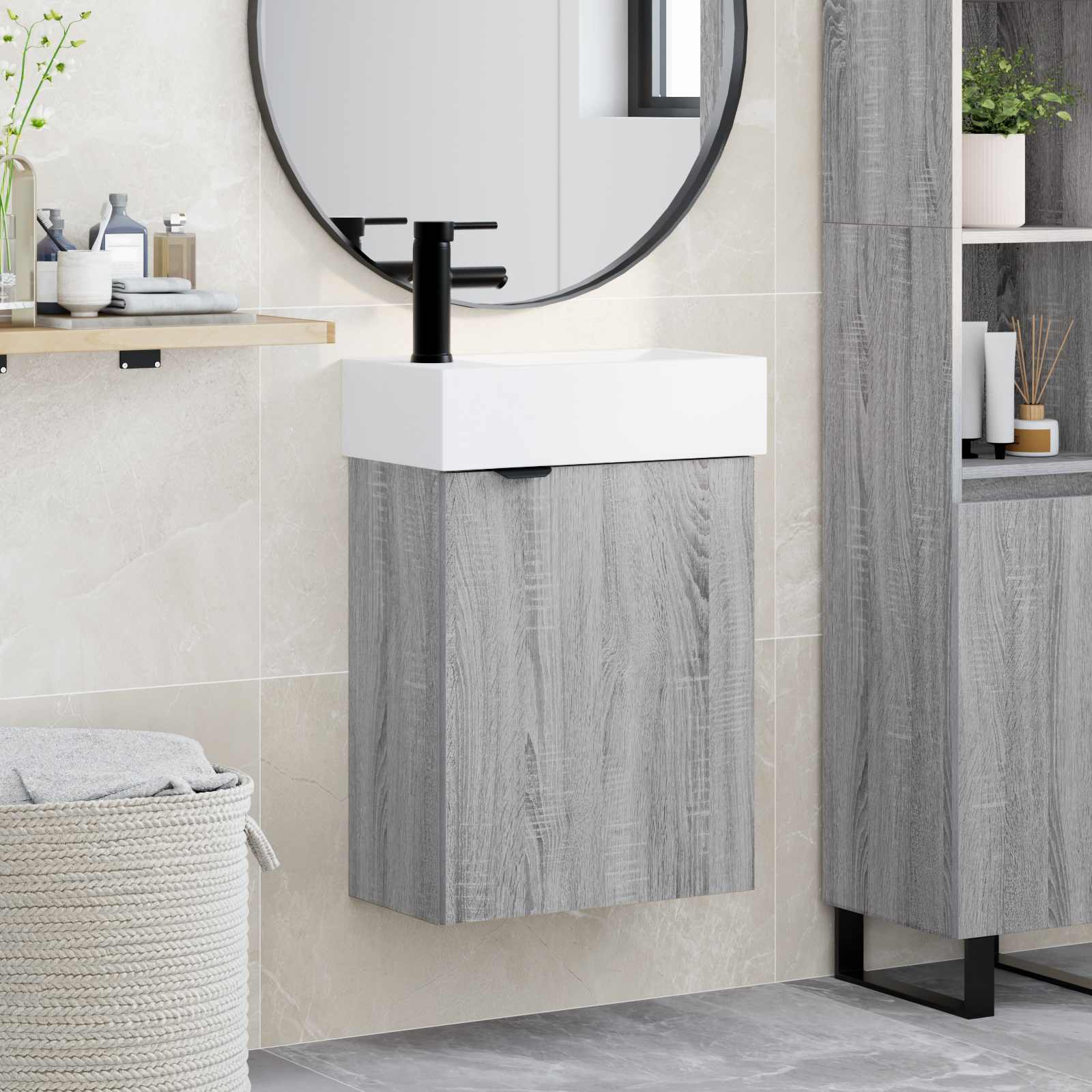 Badezimmer Waschtischunterschrank mit Wasserhahn Sonoma-Grau