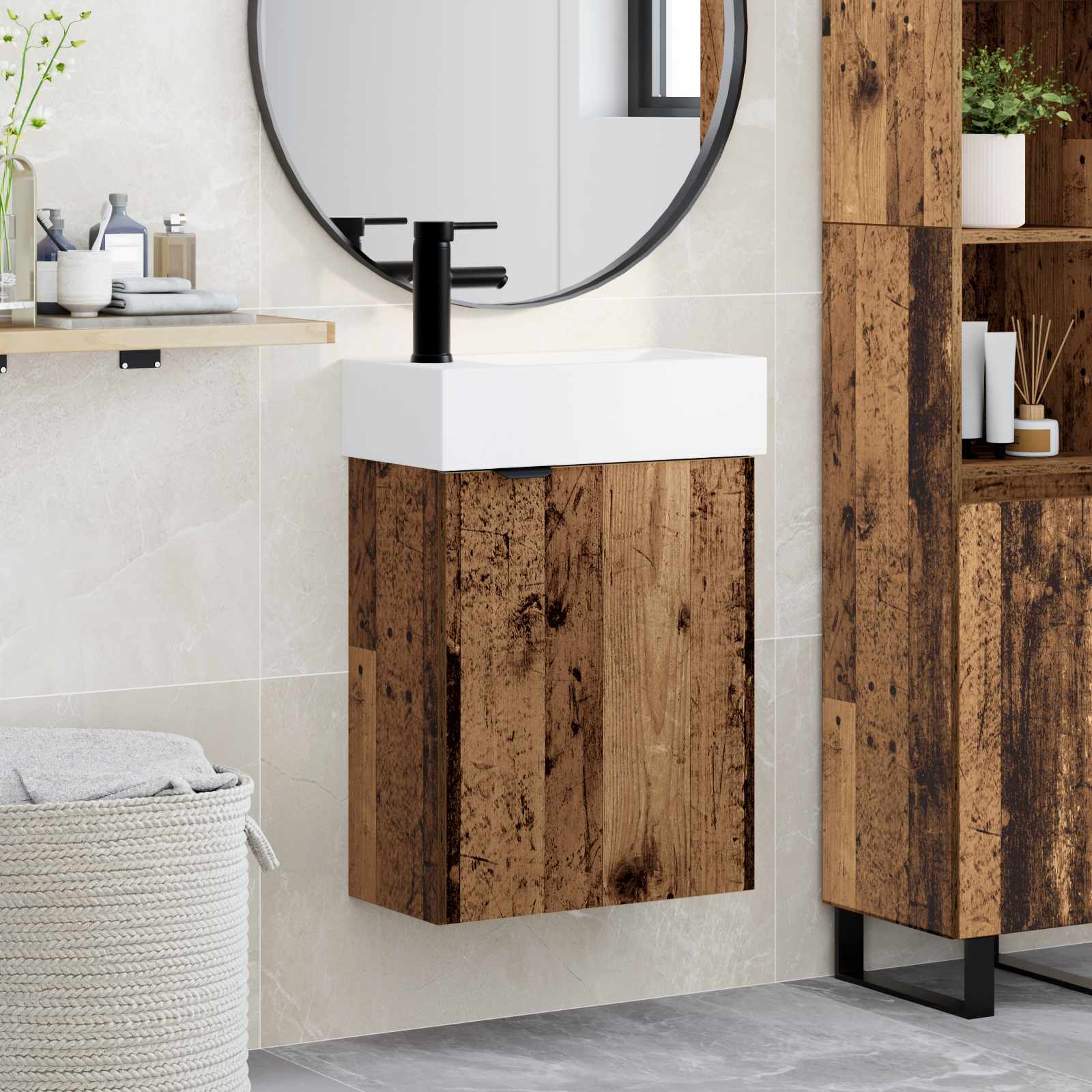 Badezimmer Waschtischunterschrank mit Wasserhahn Altholz