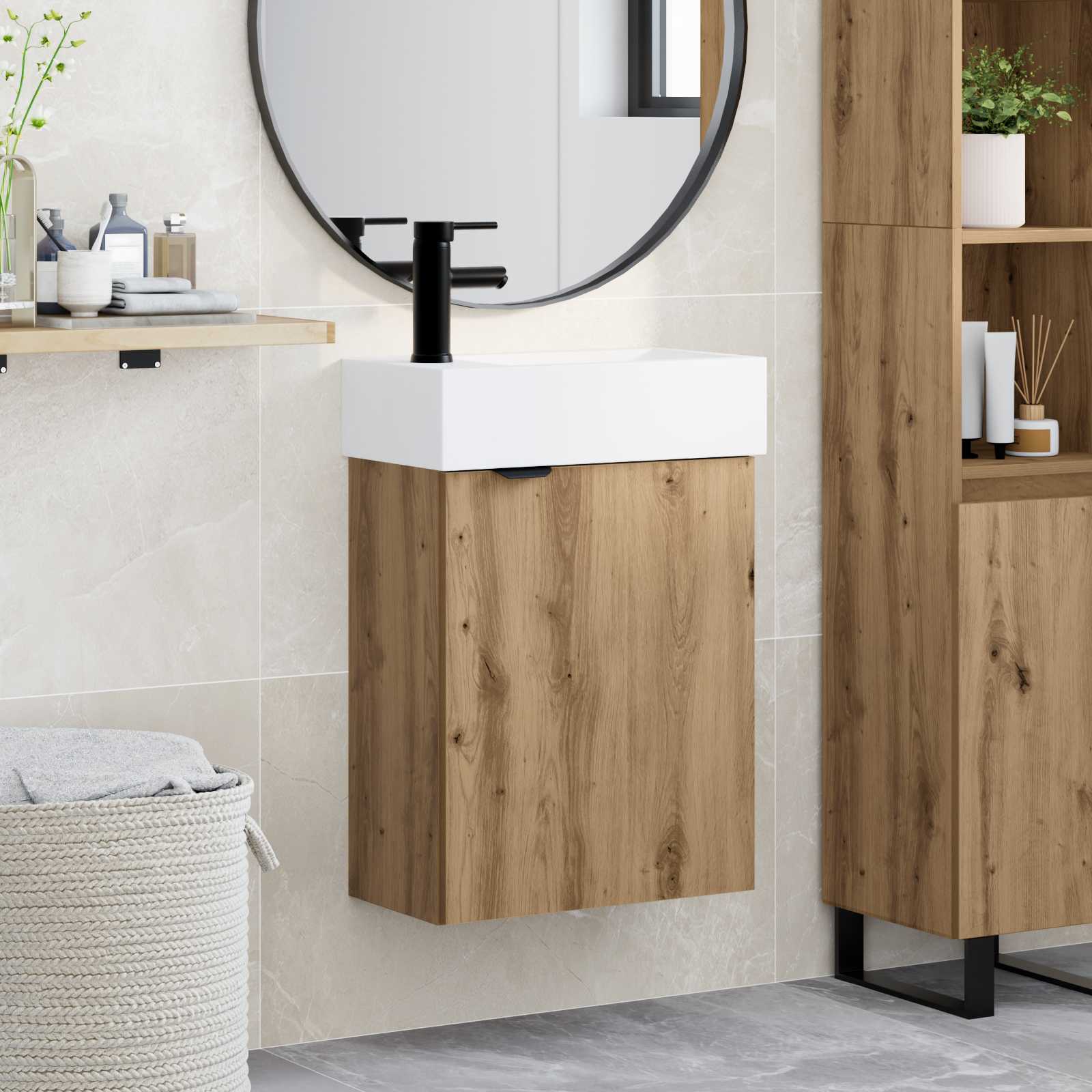 Badezimmer Waschtischunterschrank mit Wasserhahn Artisan-Eiche