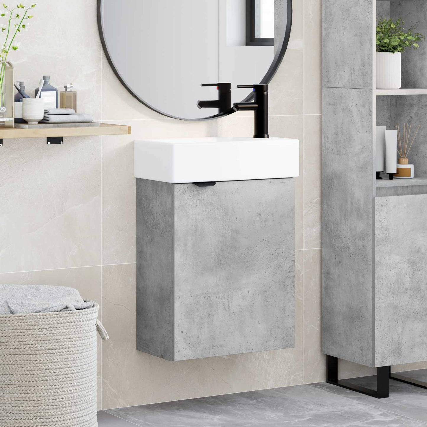 Badezimmer Waschtischunterschrank mit Wasserhahn Betongrau