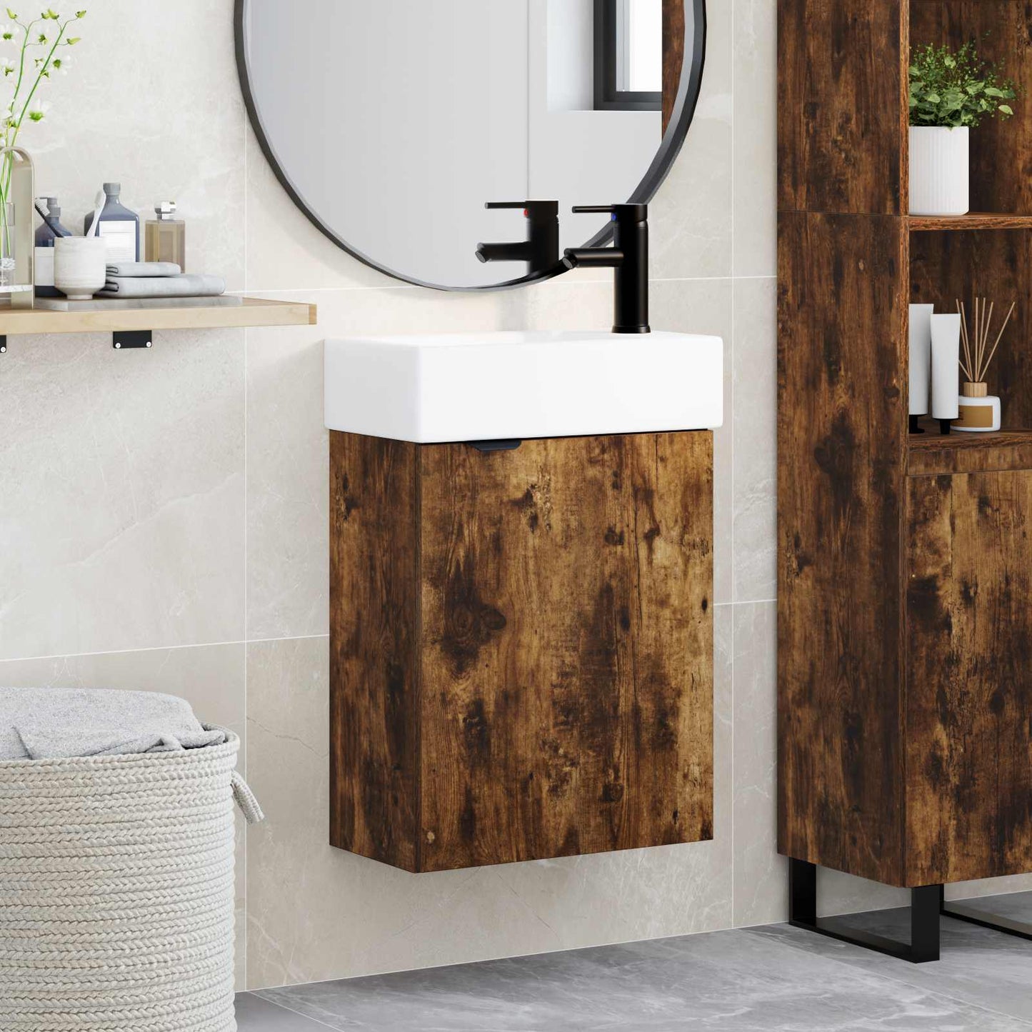Badezimmer Waschtischunterschrank mit Wasserhahn Räuchereiche