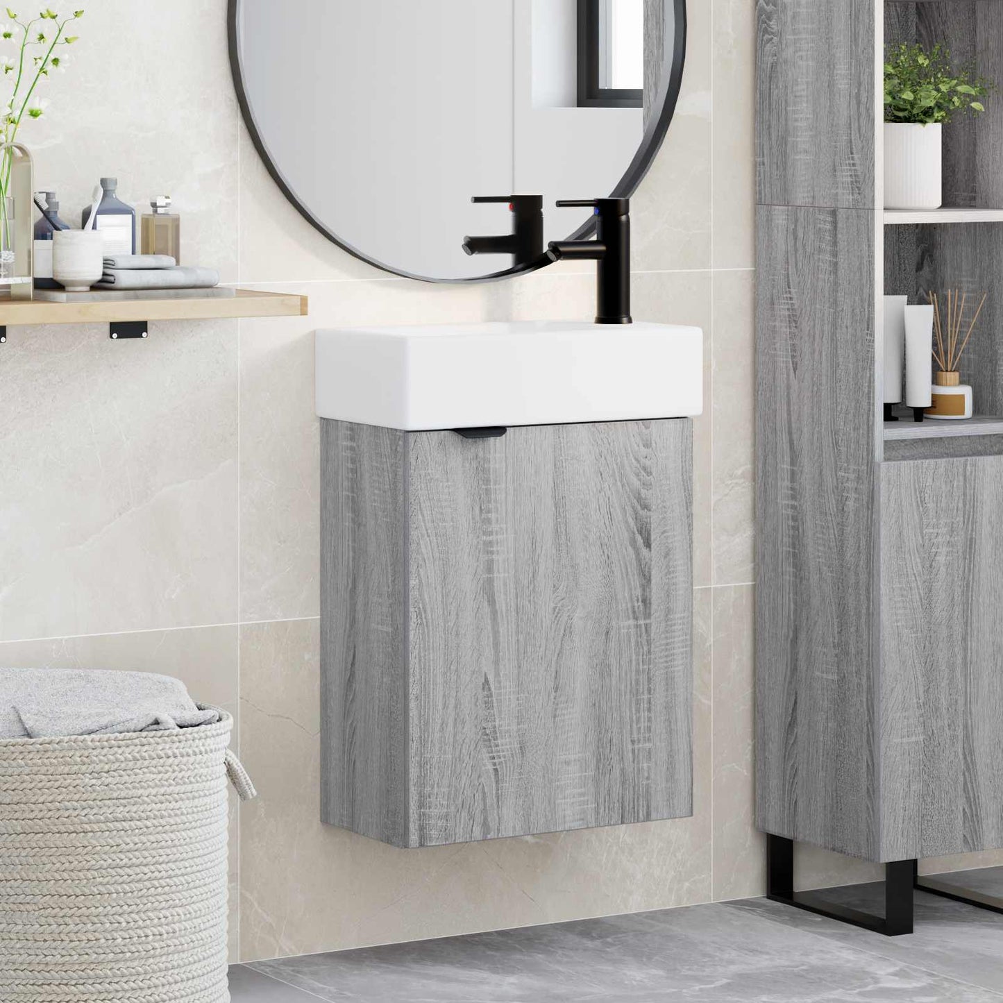 Badezimmer Waschtischunterschrank mit Wasserhahn Sonoma-Grau
