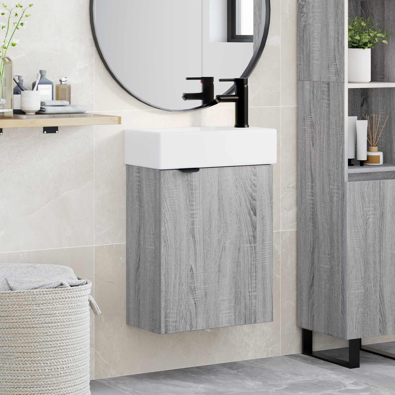 Badezimmer Waschtischunterschrank mit Wasserhahn Sonoma-Grau
